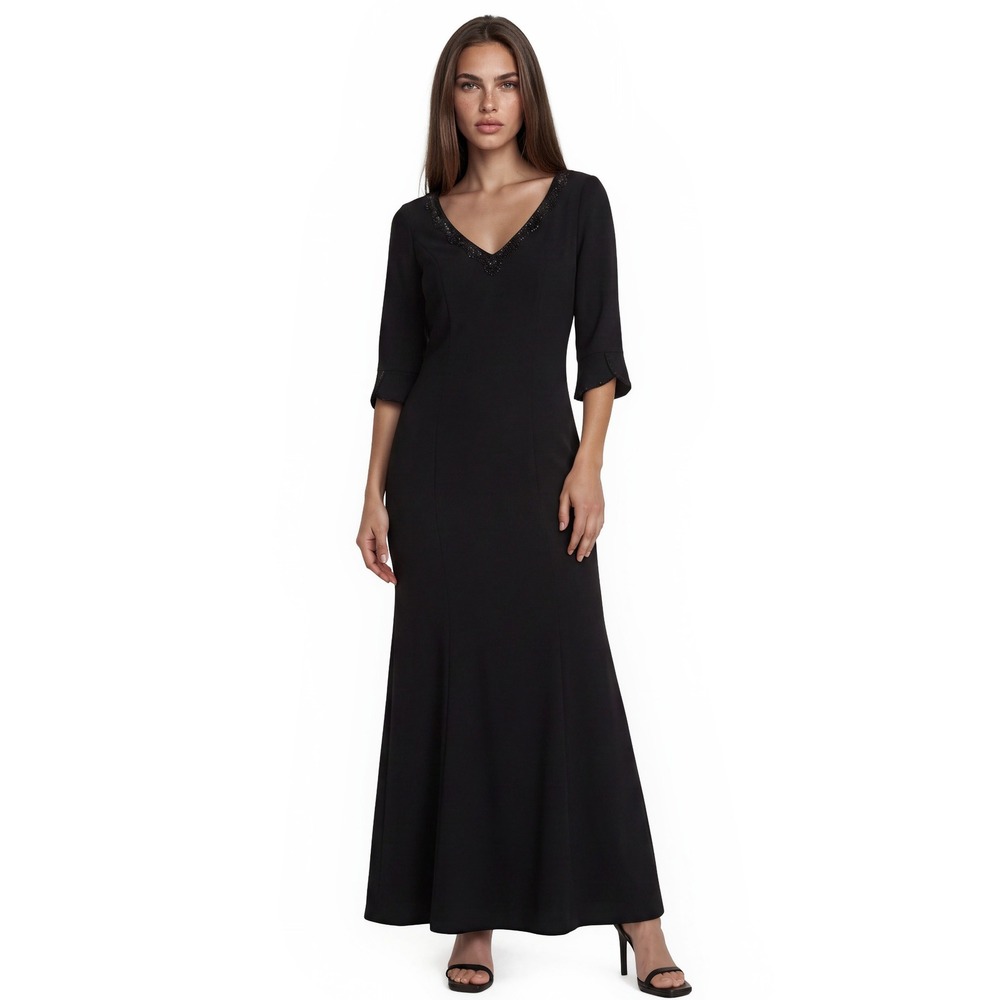 NWT Adrianna Papell Evening Gown Women's Size 12 Black Beaded VNeck Tulip Sleeve